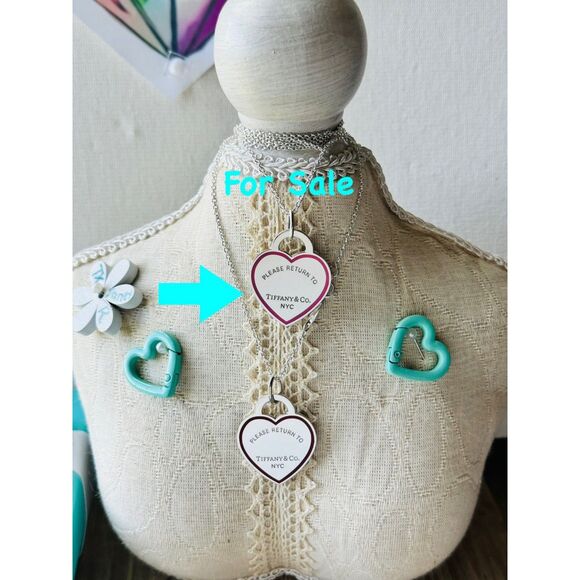 LARGE Return To Tiffany & Co Pink Enamel Outline Heart Charm Pendant Silver - Picture 3 of 5